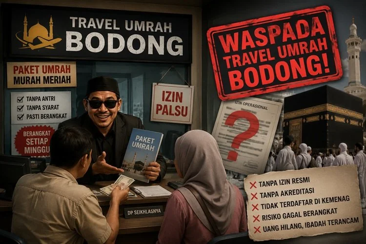 Calon jemaah umrah diimbau mengecek legalitas travel melalui aplikasi Satu Haji untuk terhindar dari penipuan bermodus travel umrah. (Foto: Chatgpt/Serambi Muslim/Ilustrasi)