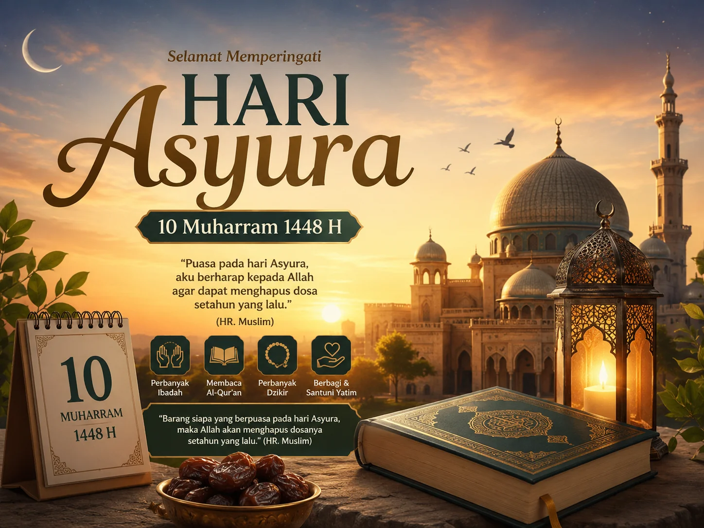 Hari Asyura 10 Muharram 1448 H jatuh pada 25 Juni 2026. Simak keutamaan puasa Asyura, dalil hadis, serta tradisi menyantuni anak yatim di bulan Muharram. (Foto: Chatgpt/Serambi Muslim/Ilustrasi)