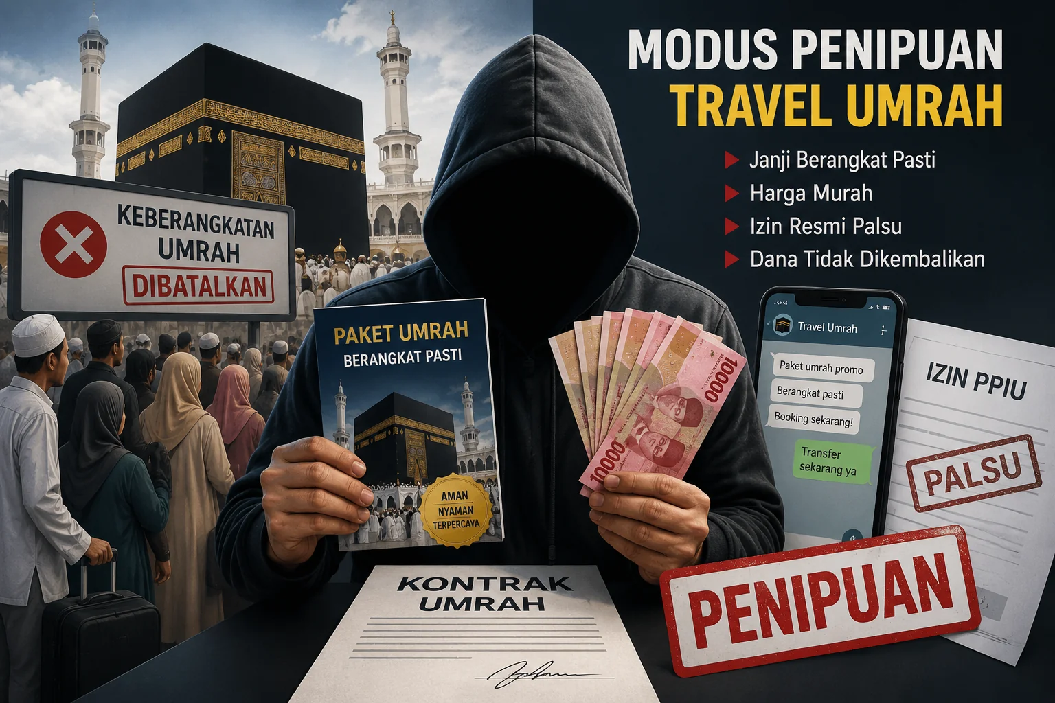 Kemenhaj menyebut sekitar 900 jemaah Hanania Travel gagal berangkat umrah. Polda Metro Jaya menahan Direktur Utama Hanania terkait dugaan penipuan. (Foto: Chatgpt/Serambi Muslim/Ilustrasi)