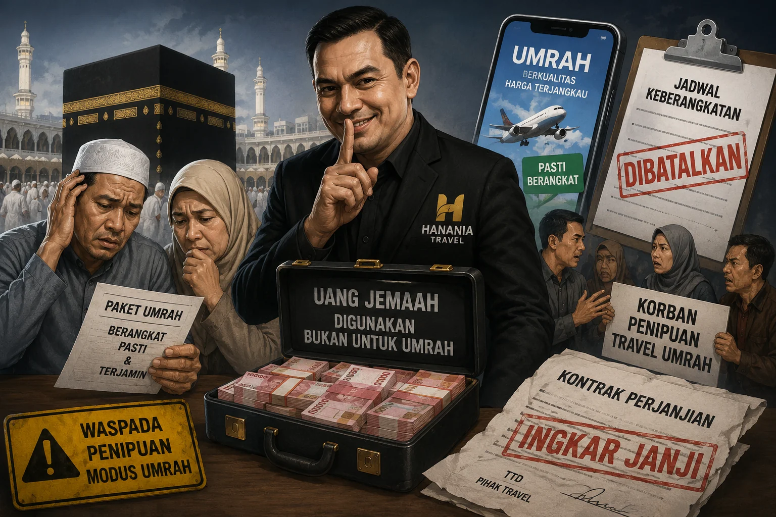 Polda Metro Jaya menetapkan Direktur Utama PT Khazanah Tamma Internasional, Ahmad Syah Farhan, sebagai tersangka dugaan penipuan perjalanan umrah Hanania Travel yang merugikan 128 korban hingga Rp12,1 miliar. (Foto: Chatgpt/Serambi Muslim/Ilustrasi)