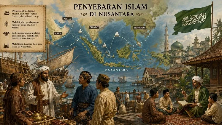 Ilustrasi penyebaran agama Islam di Nusantara. (Foto: Chatgpt/Serambi Muslim)