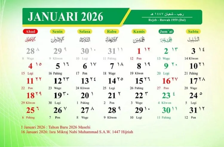 Kalender Islam 2026 memuat tanggal Hijriah lengkap serta hari besar Islam untuk membantu pengaturan ibadah dan libur keagamaan. (Foto: Dok Kemenag RI)