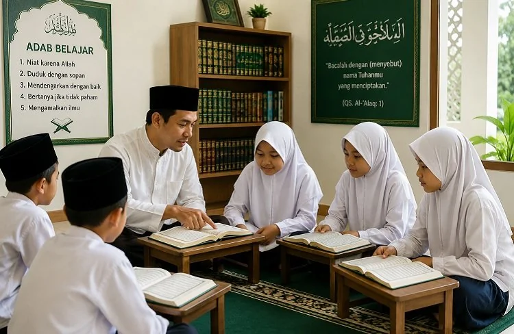 ILUSTRASI - Kemenag merilis 90 buku digital PAI dan Bahasa Arab gratis untuk MI, MTs, MA, dan MAN Program Keagamaan. (Foto: Chatgpt/Serambi Muslim)