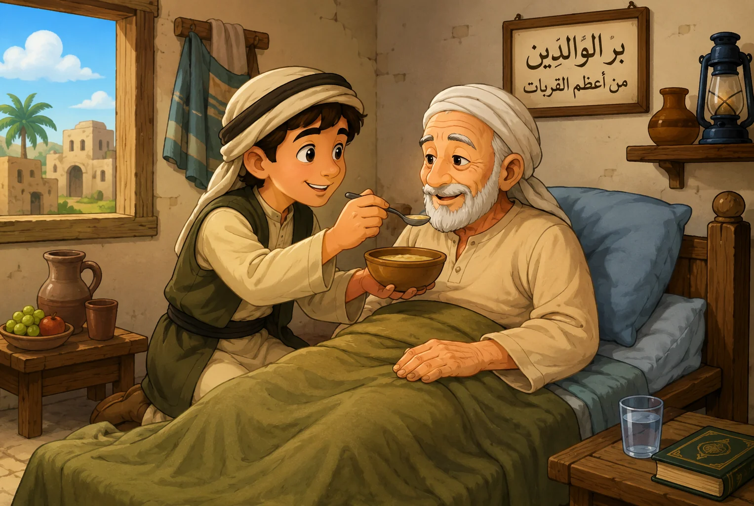 Kisah inspiratif Abdullah yang merawat ayahnya dengan tulus hingga mendapat keberkahan rezeki tak terduga dari Allah. (Foto: Chatgpt/Aktual Tangerang/Ilustrasi)