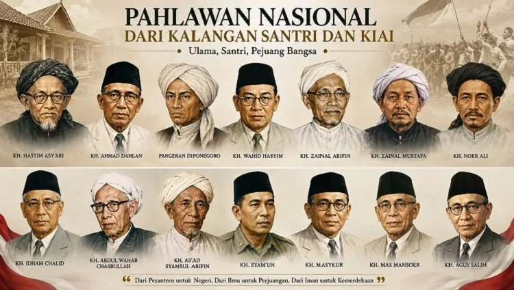 Mengenal 14 Pahlawan Nasional dari kalangan santri dan kiai yang berperan dalam perjuangan kemerdekaan Indonesia. (Foto: Chatgpt/Serambi Muslim)