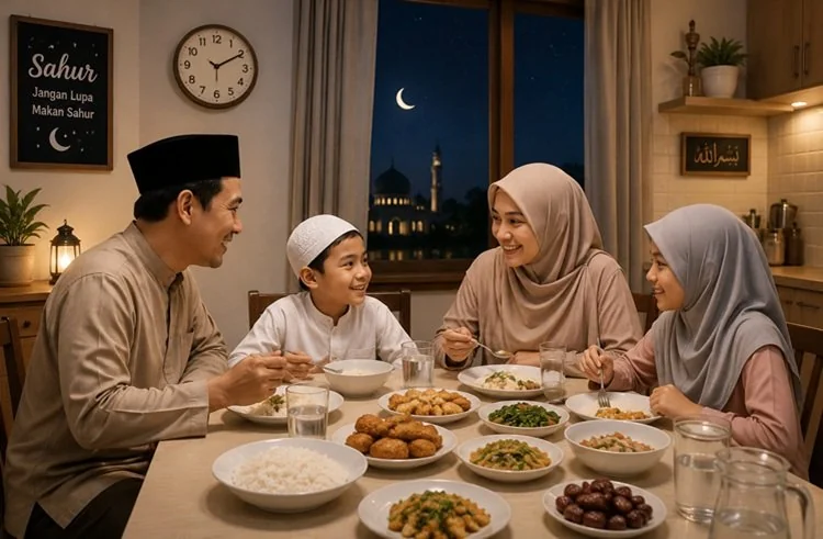 ILUSTRASI - Apakah puasa Senin Kamis tanpa sahur tetap sah? Simak penjelasan Buya Yahya, dalil hadis, dan pandangan empat mazhab mengenai hukum sahur dan niat puasa. (Foto: Chatgpt/Serambi Muslim)