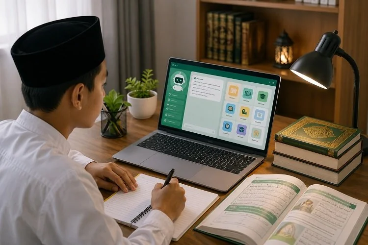 ILUSTRASI - Kemenag meluncurkan Smart PAI, platform AI pembelajaran PAI berbasis 40 buku resmi dengan fitur asisten AI, buku digital, bank soal, dan lainnya. (Foto: Chatgpt/Serambi Muslim)