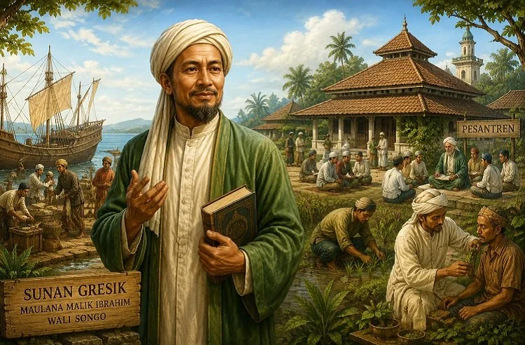 Sunan Gresik menyebarkan Islam di Jawa melalui empat metode dakwah, mulai dari adat istiadat, perdagangan, pertanian, pengobatan hingga pesantren. (Foto: Chatgpt/Serambi Muslim)