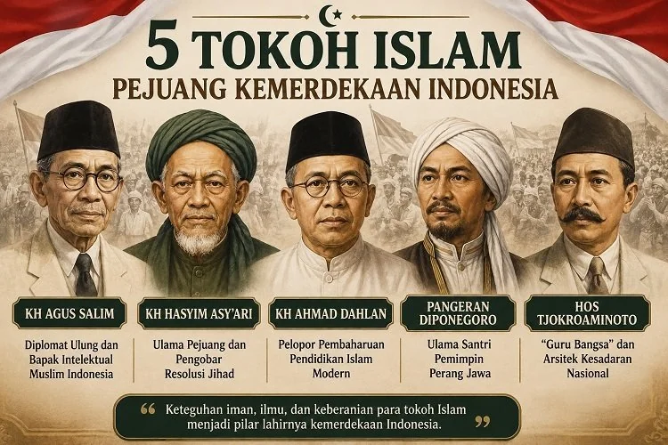 Mengenal lima tokoh Islam yang berperan dalam perjuangan kemerdekaan Indonesia, dari Agus Salim hingga HOS Tjokroaminoto. (Foto: Chatgpt/Serambi Muslim)