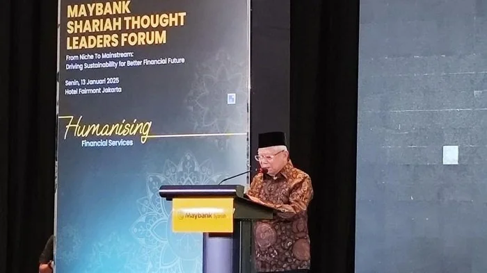 Ma'ruf Amin saat memberi sambutan pada acara Maybank Shariah Thought Leaders Forum di Fairmont Hotel, Jakarta, Senin (13/1/2025). (Int)